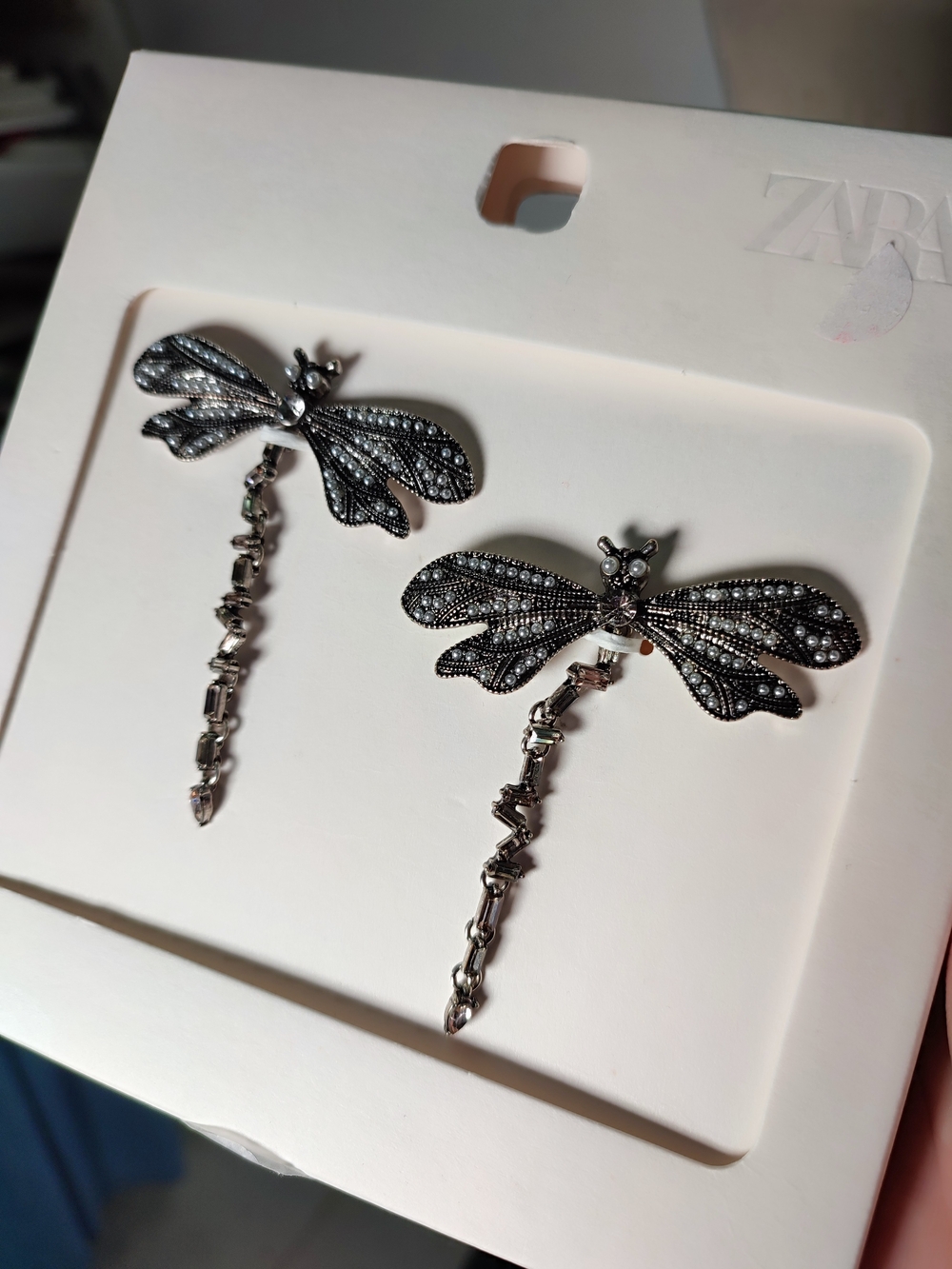 Zara Metal Dragonfly Drop Earrings Black & Silver NWT